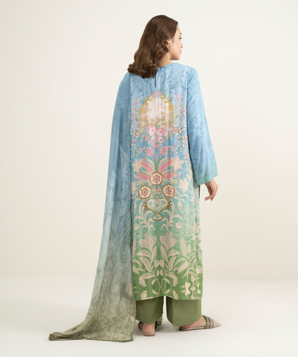 Women's RTW Viscose Raw Silk Printed Green 3 Piece Suit