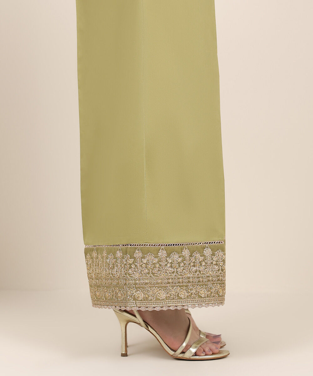 Women's RTW Cotton Satin Green Embroidered Culottes