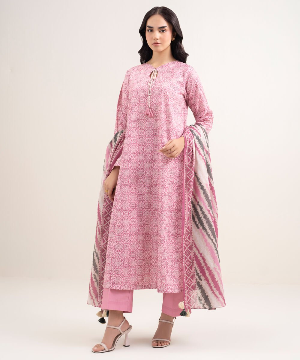Women's Unstitched Lawn Printed Pink 3 Piece Suit
