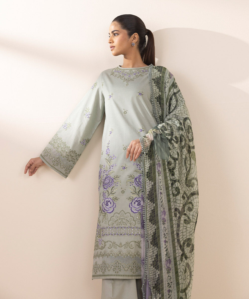 Women's Unstitched Green Cotton 3 Piece Suit