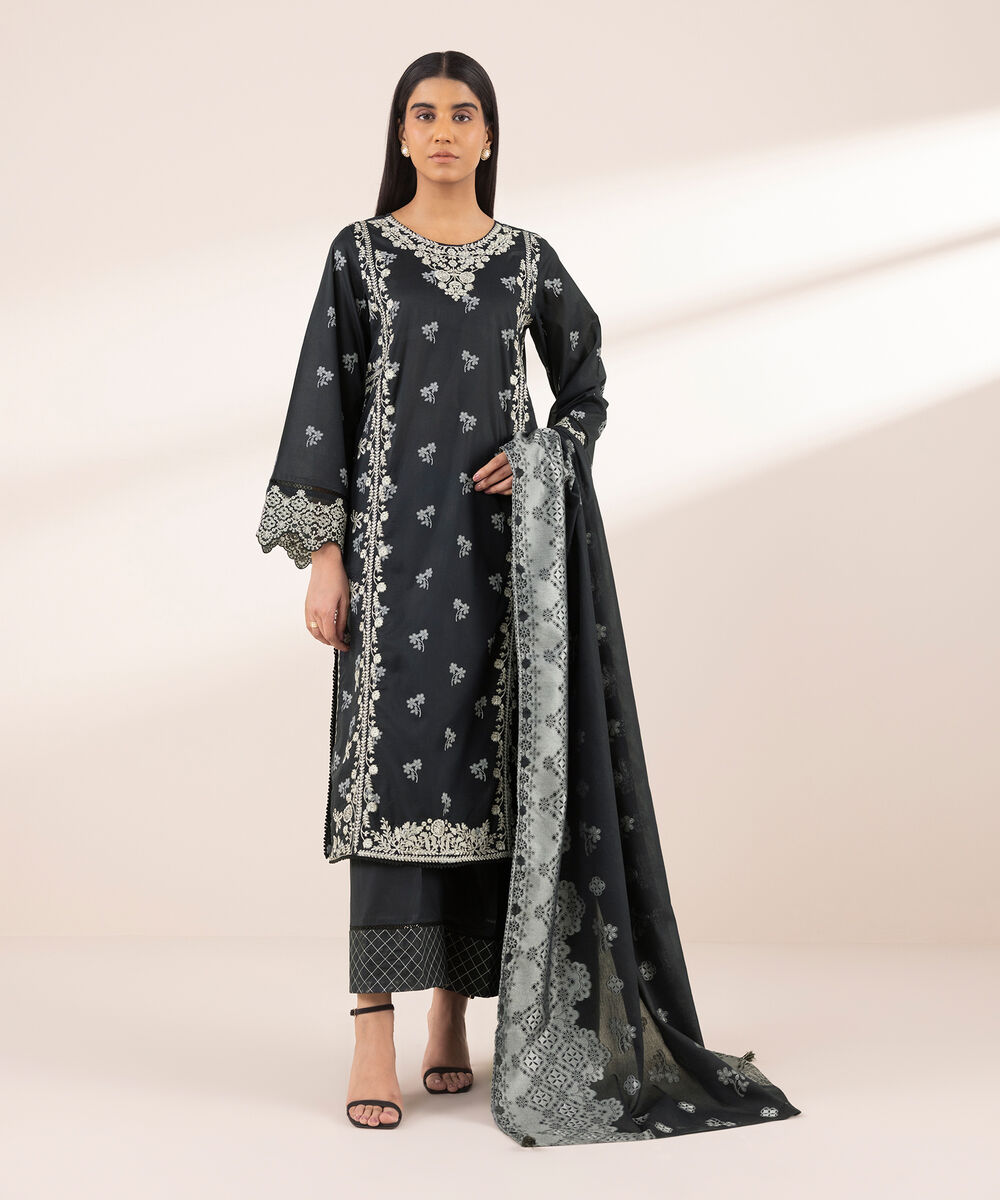 Women's RTW Lawn Black Embroidered A-Line Shirt