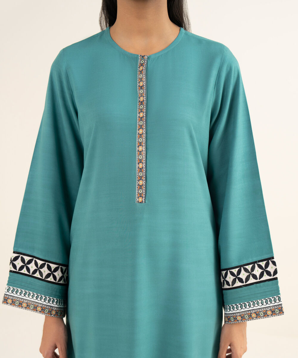 Women's RTW Herringbone Solid Teal A-Line Shirt