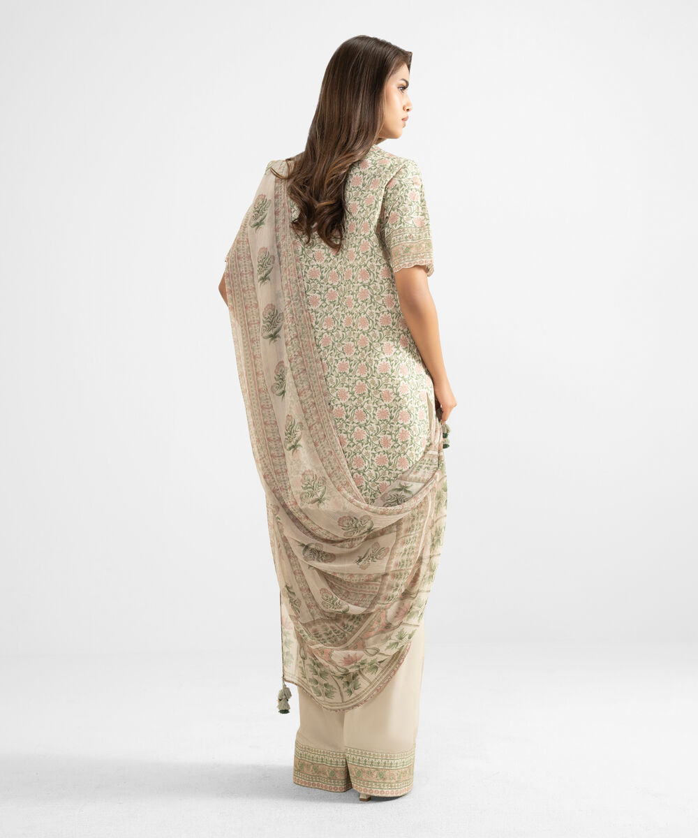 Women's Unstitched Lawn Embroidered Beige 3 Piece Suit