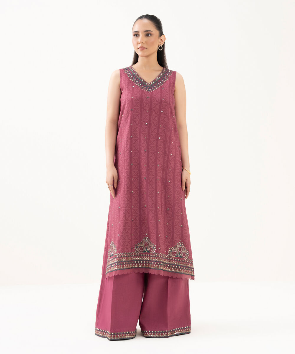 Women's Unstitched Linen Embroidered Pink 2 Piece Suit