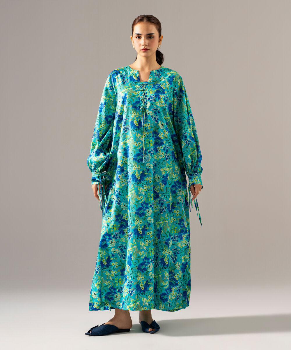 Women's RTW Cotton Viscose Printed Turquoise Dress