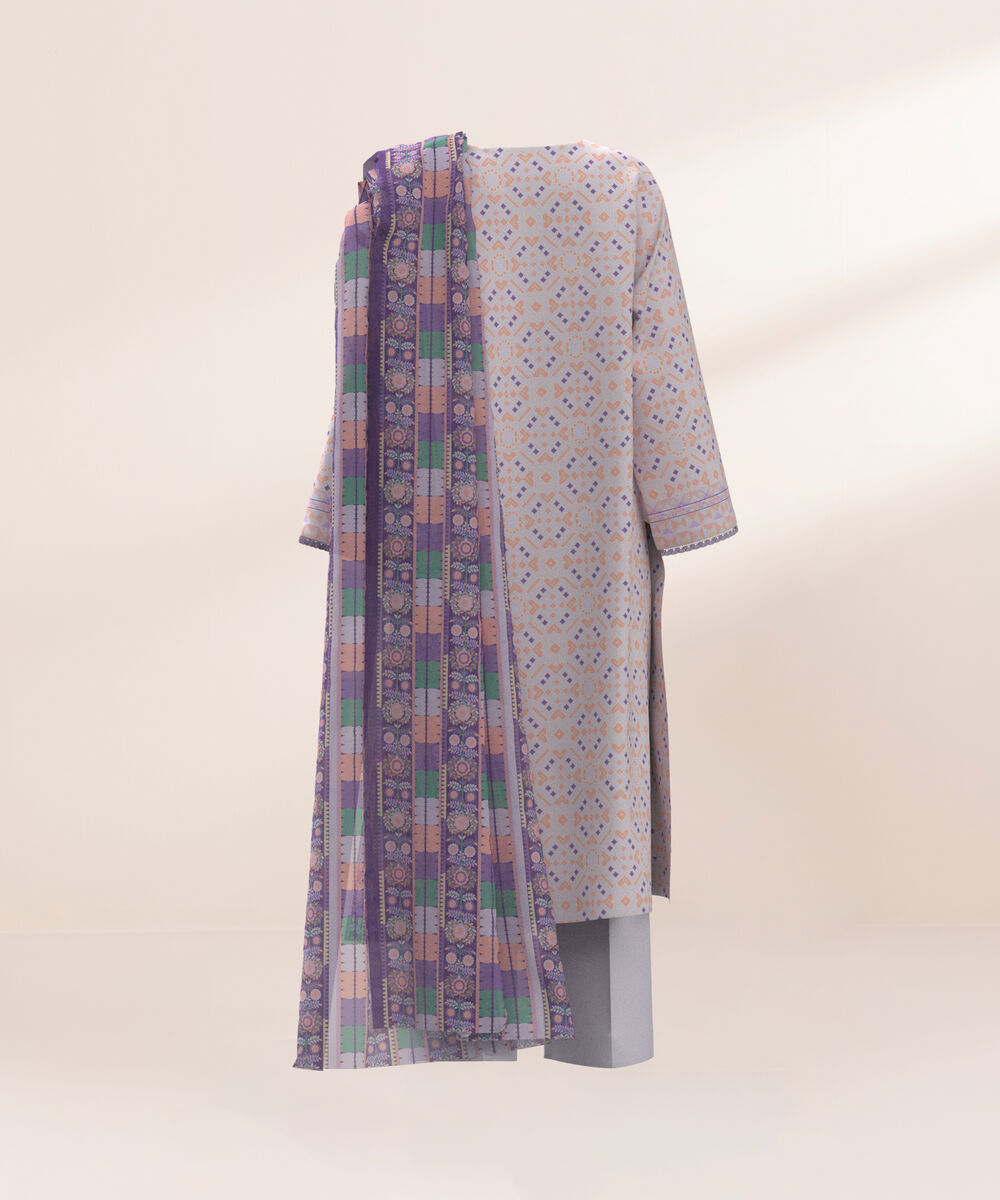 Women's Three Piece Printed Pink and Lilac Lawn Suit