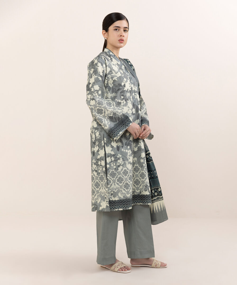 Women's Unstitched Cotton Printed Multi Three Piece Suit