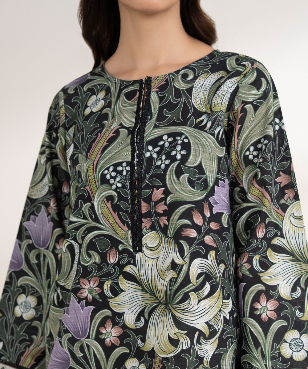 Women's RTW Cotton Printed Straight Black Shirt