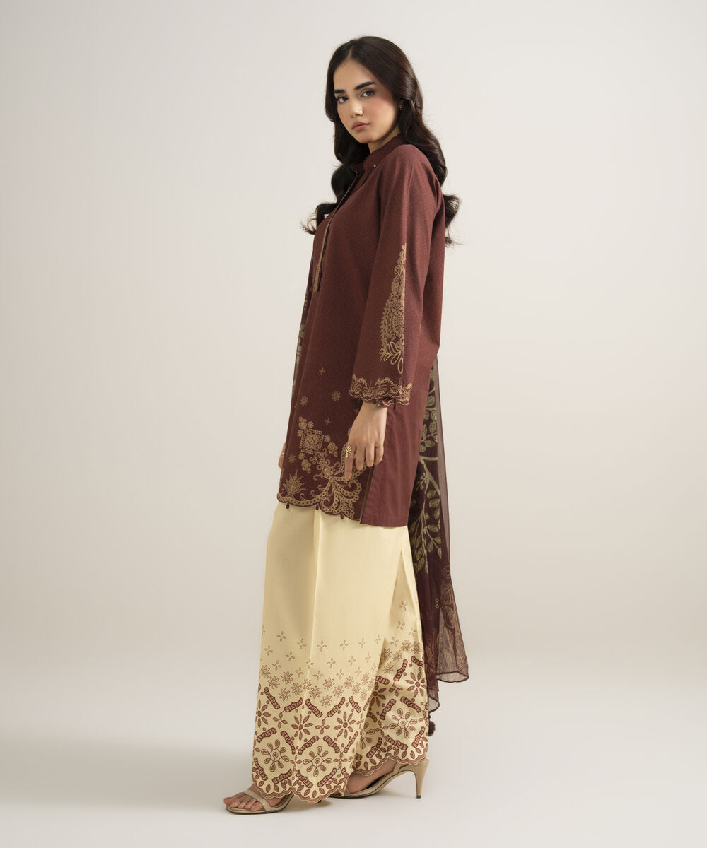 Women's Unstitched Cotton Printed Brown 3 Piece Suit