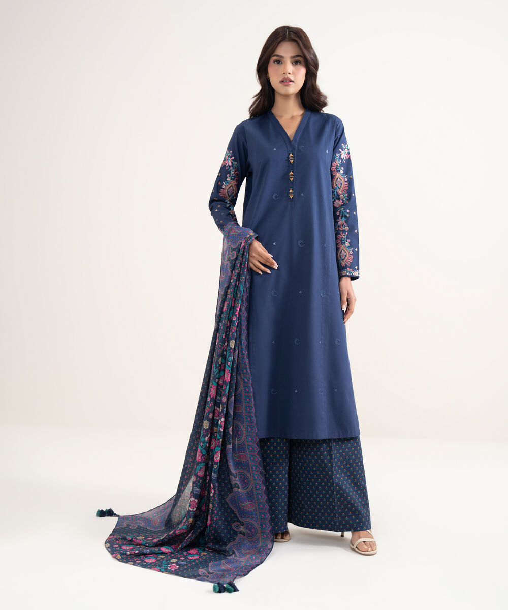 Women's Unstitched Textured Lawn Blue Embroidered 3 Piece Suit