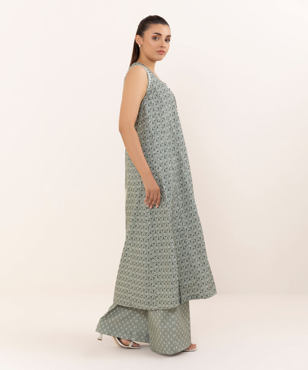 Women's Unstitched Cotton Printed Grey Three Piece Suit