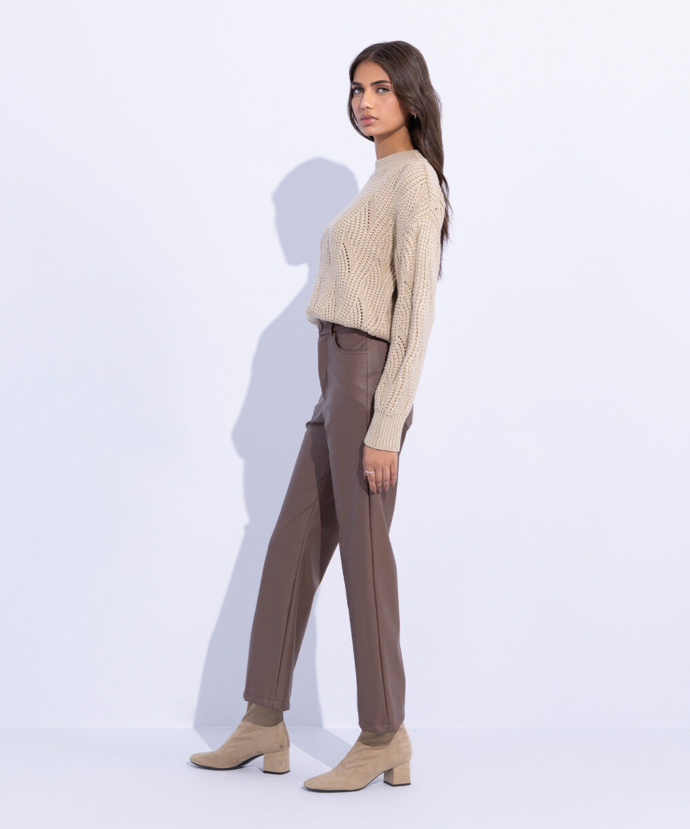 Woman - Brown Straight Fit Faux Leather Trousers