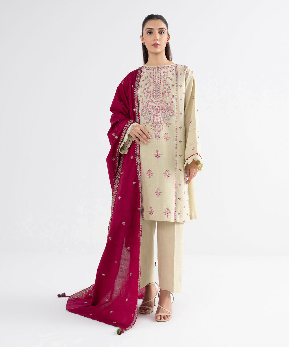 Women's Unstitched Cross Hatch Embroidered Off White 3 Piece Suit