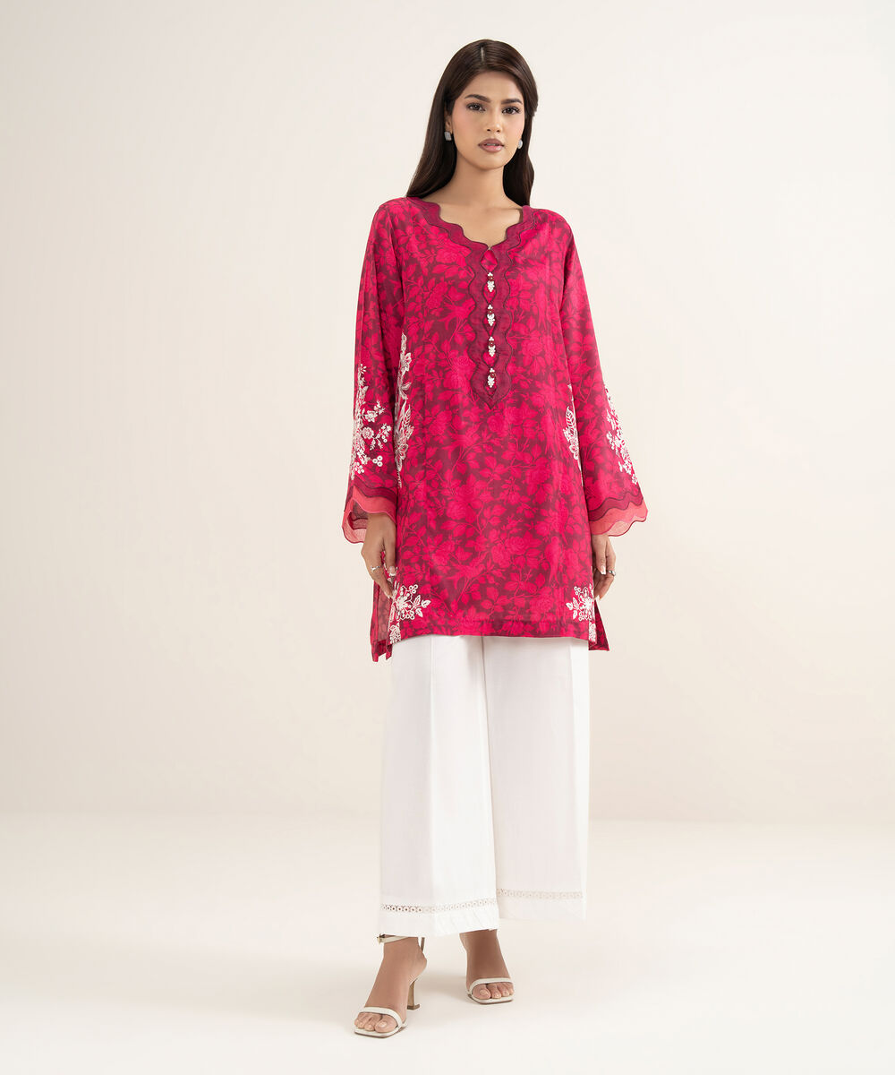 Women's RTW Viscose Raw Silk Embroidered Pink Straight Shirt