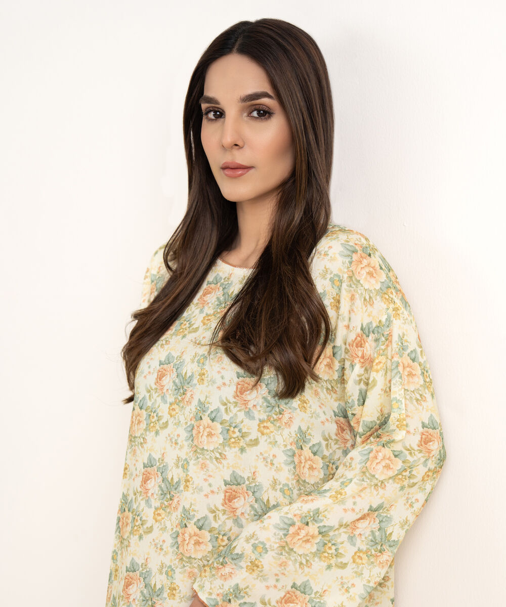 Women's RTW Arabic Lawn Yellow Printed Straight Shirt