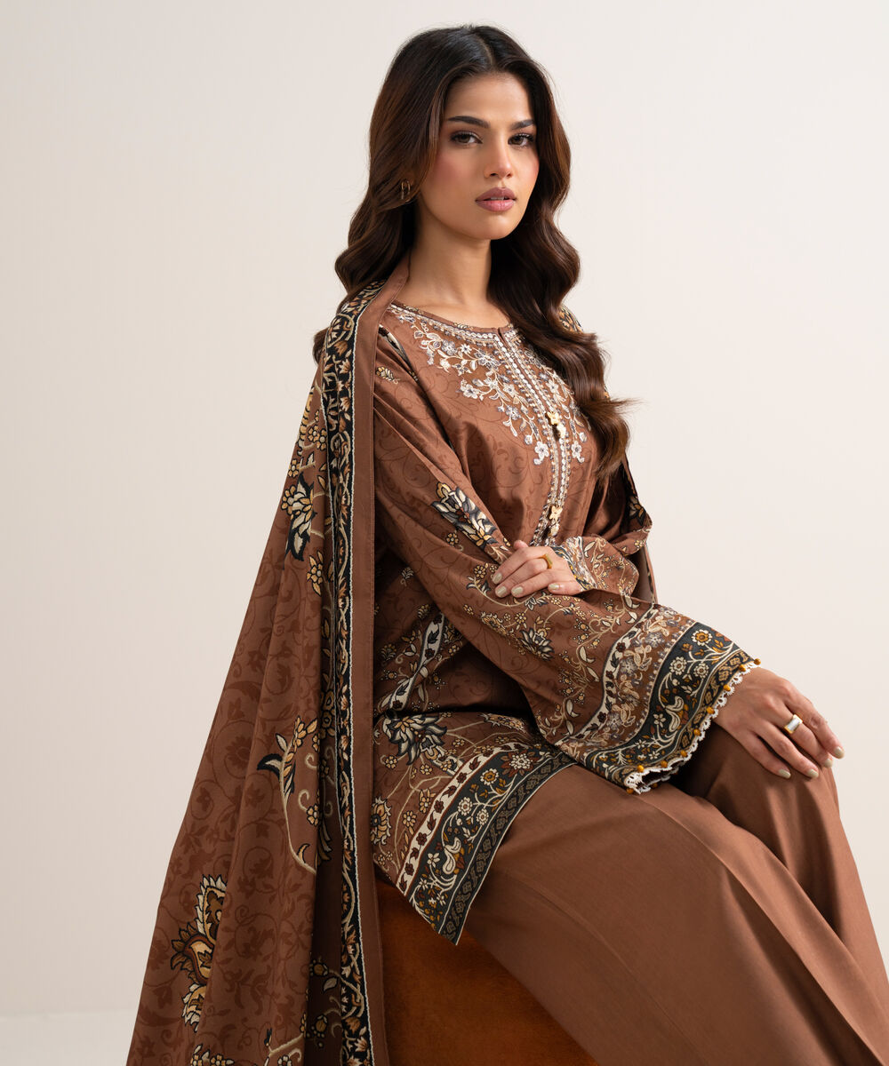Women's Unstitched Printed Cotton Viscose Rust 3 Piece Suit