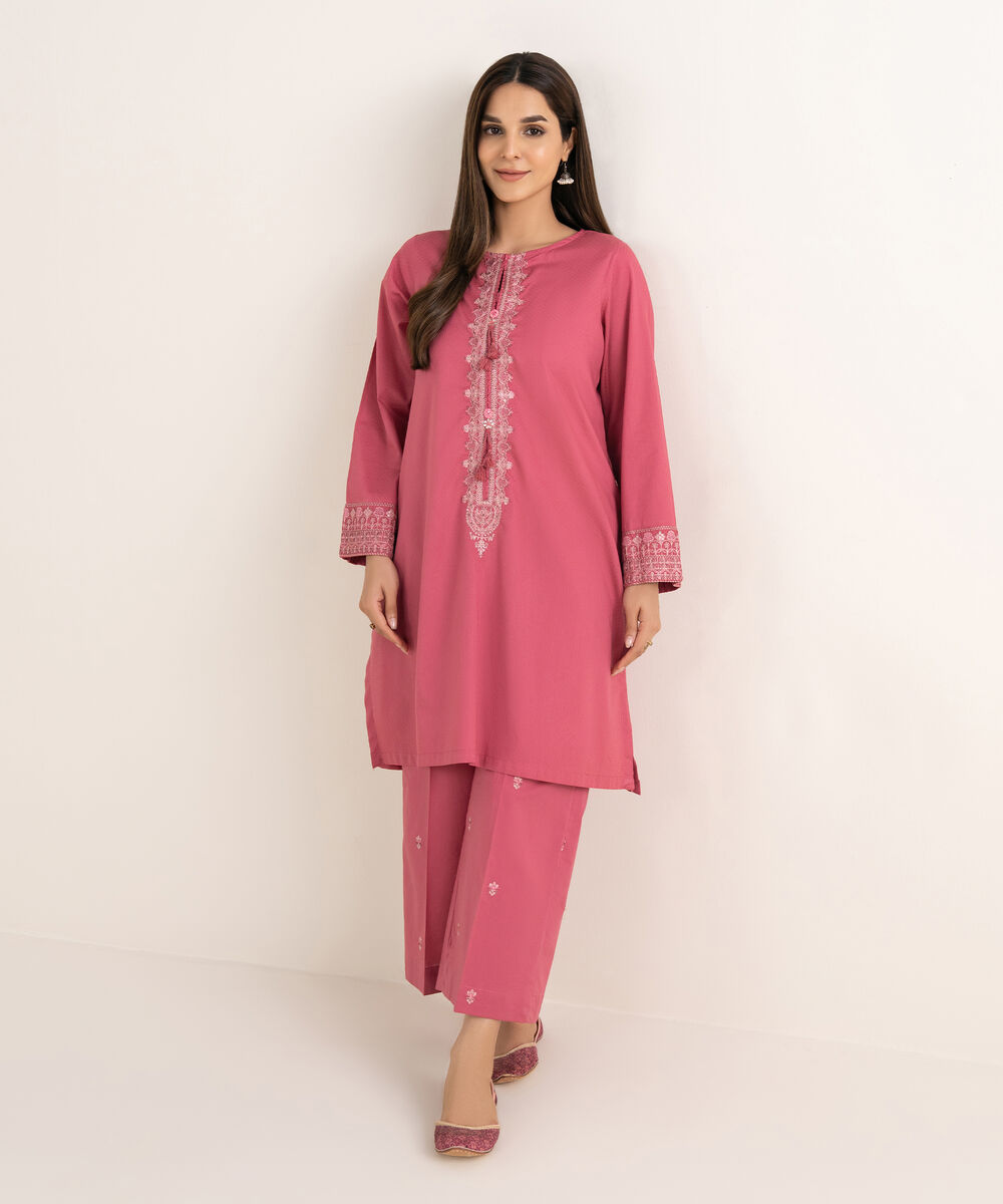 Women's RTW Textured Cotton Pink Embroidered A-Line Shirt