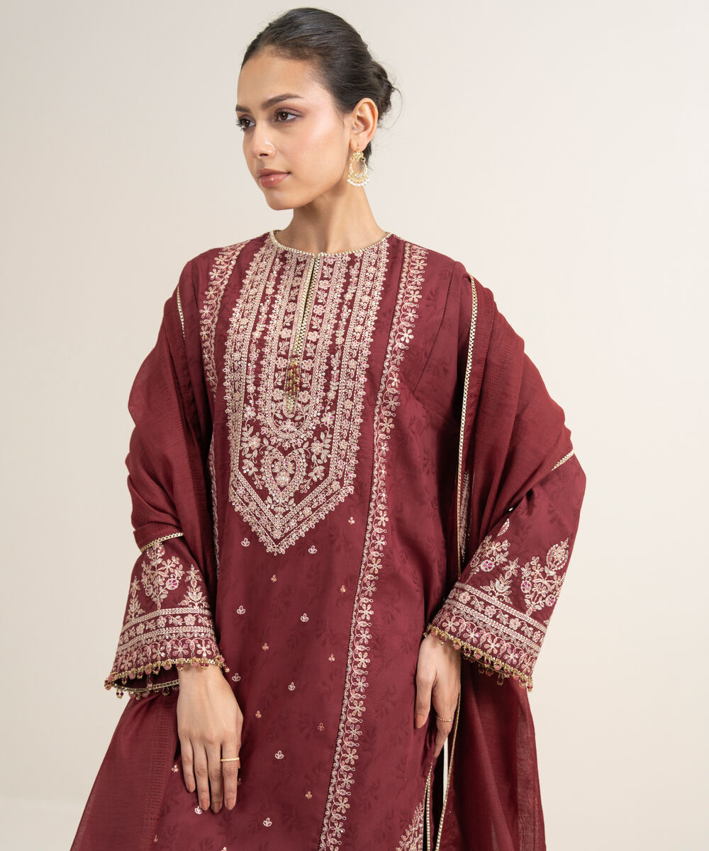 Women's Unstitched Cotton Jacquard Embroidered Red 3 Piece Suit
