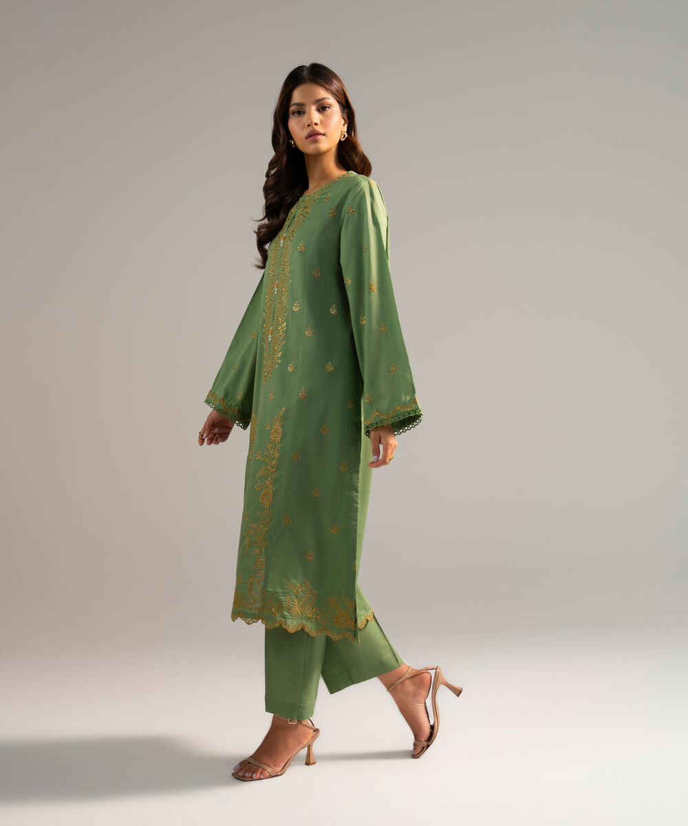 Women's RTW Dobby Embroidered Green 2 Piece Suit
