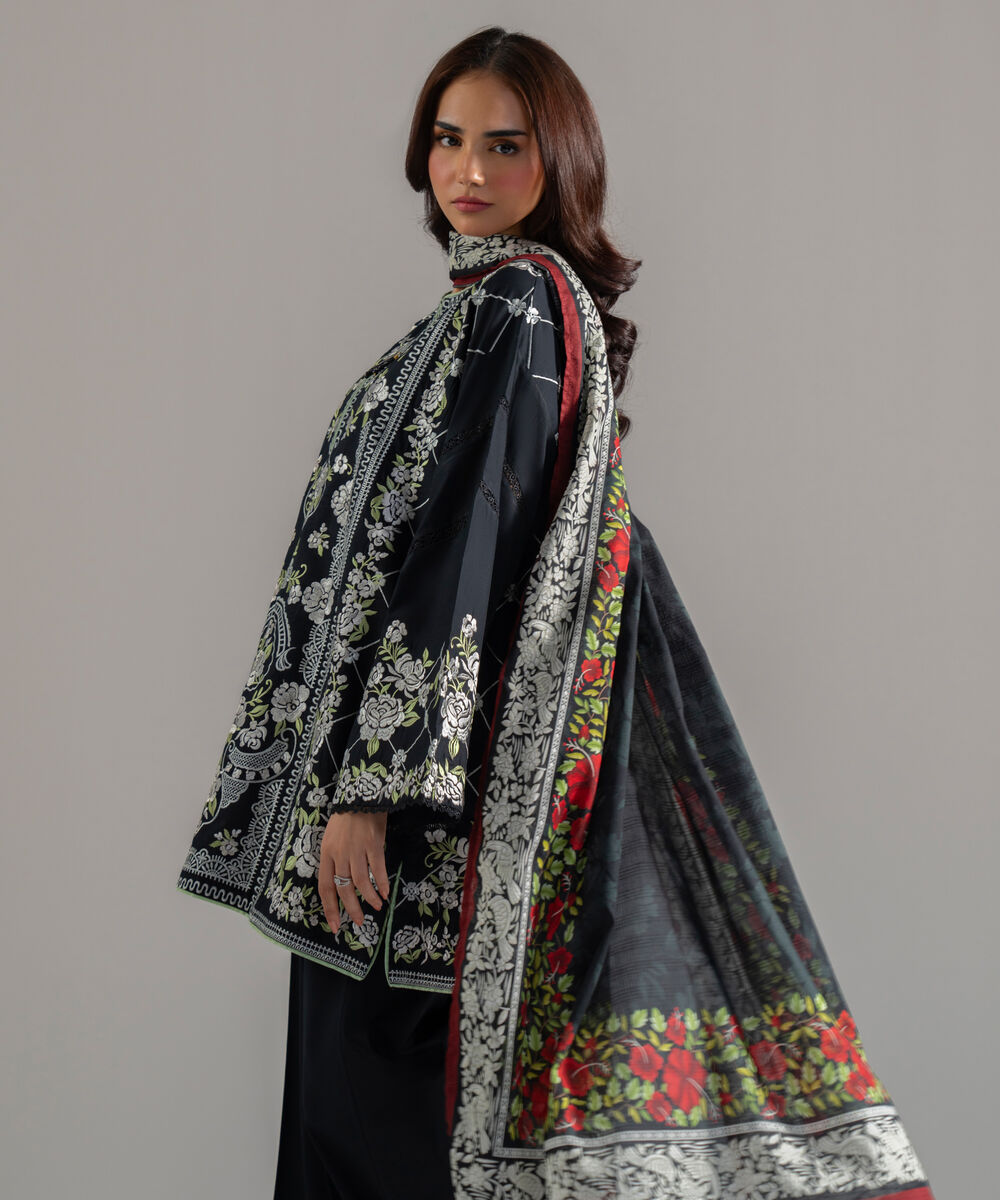 Women's RTW Cambric Solid Embroidered Black 3 Piece Suit