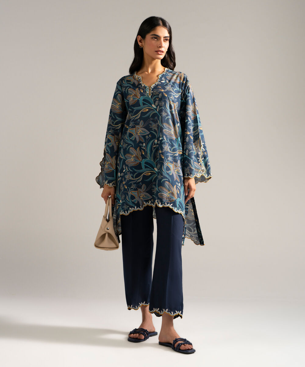 Women's RTW Slub Lawn Embroidered Blue 2 Piece Suit