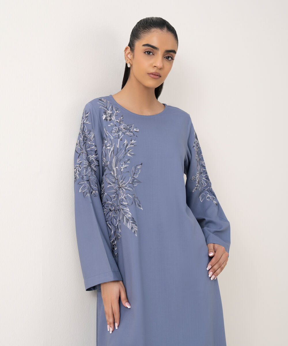 Women's RTW Cotton Viscose Embroidered Blue Straight Shirt