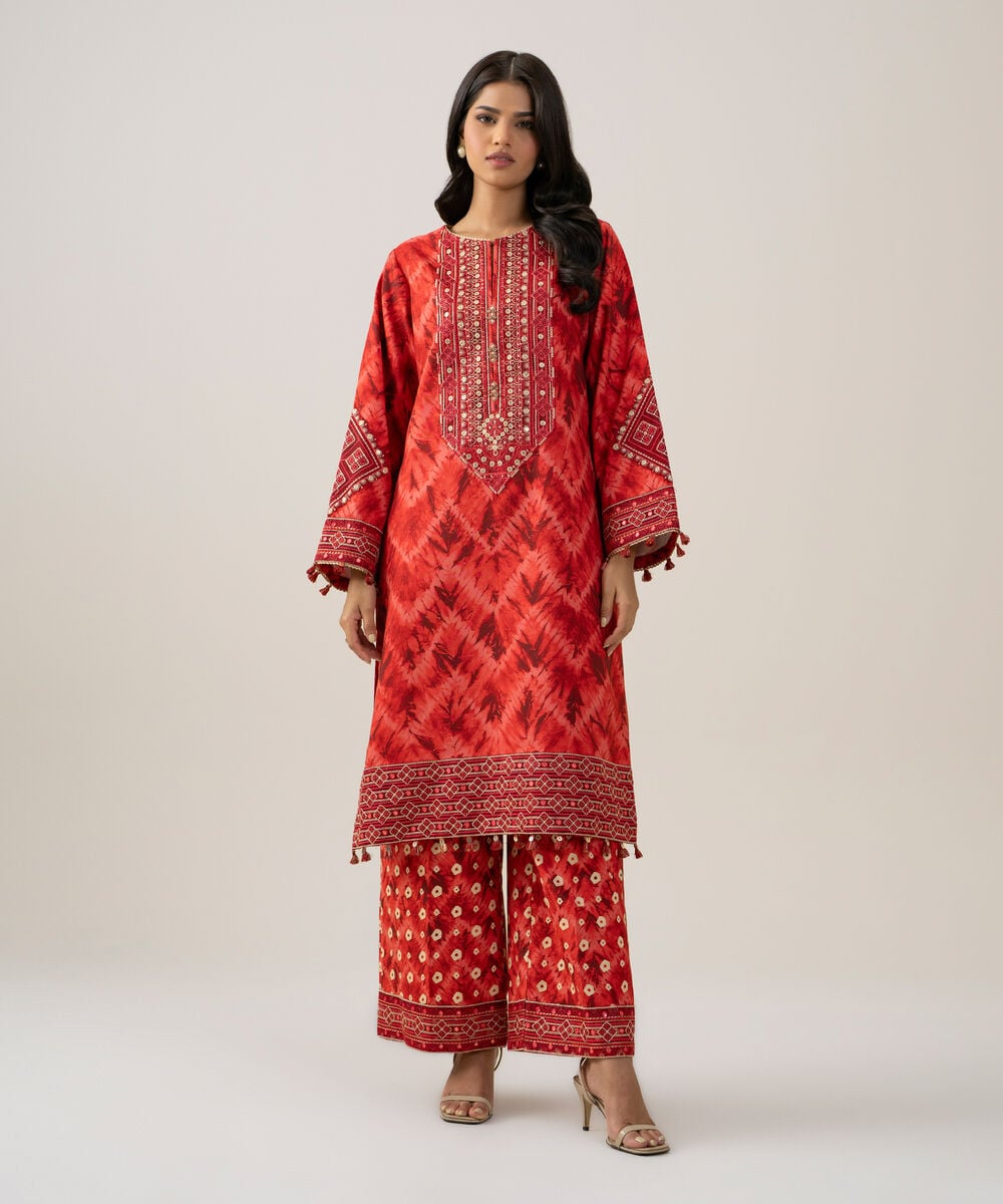 Women's Unstitched Linen Embroidered Red 2 Piece Suit