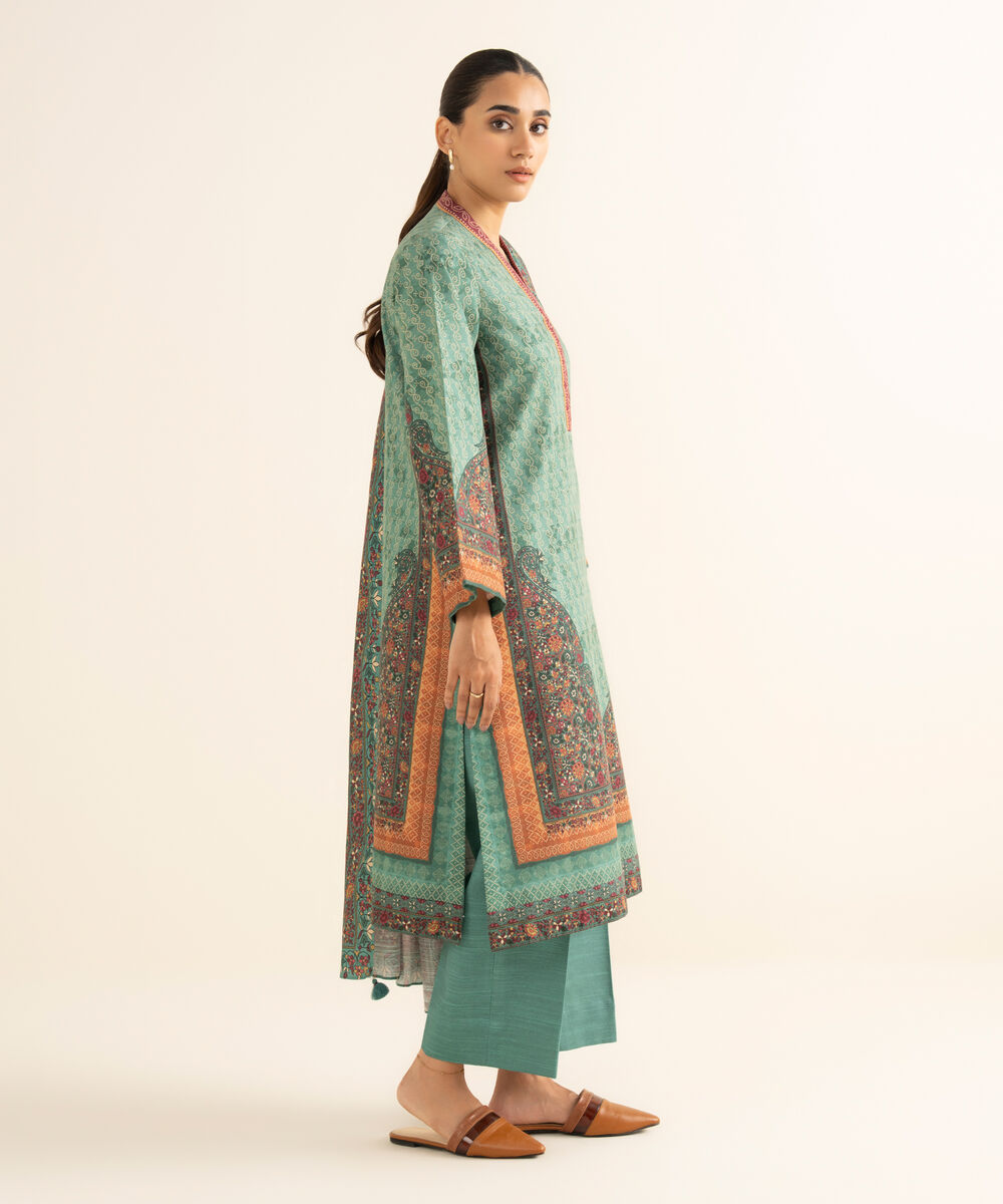 Women's Unstitched Cotton Printed Green 3 Piece Suit