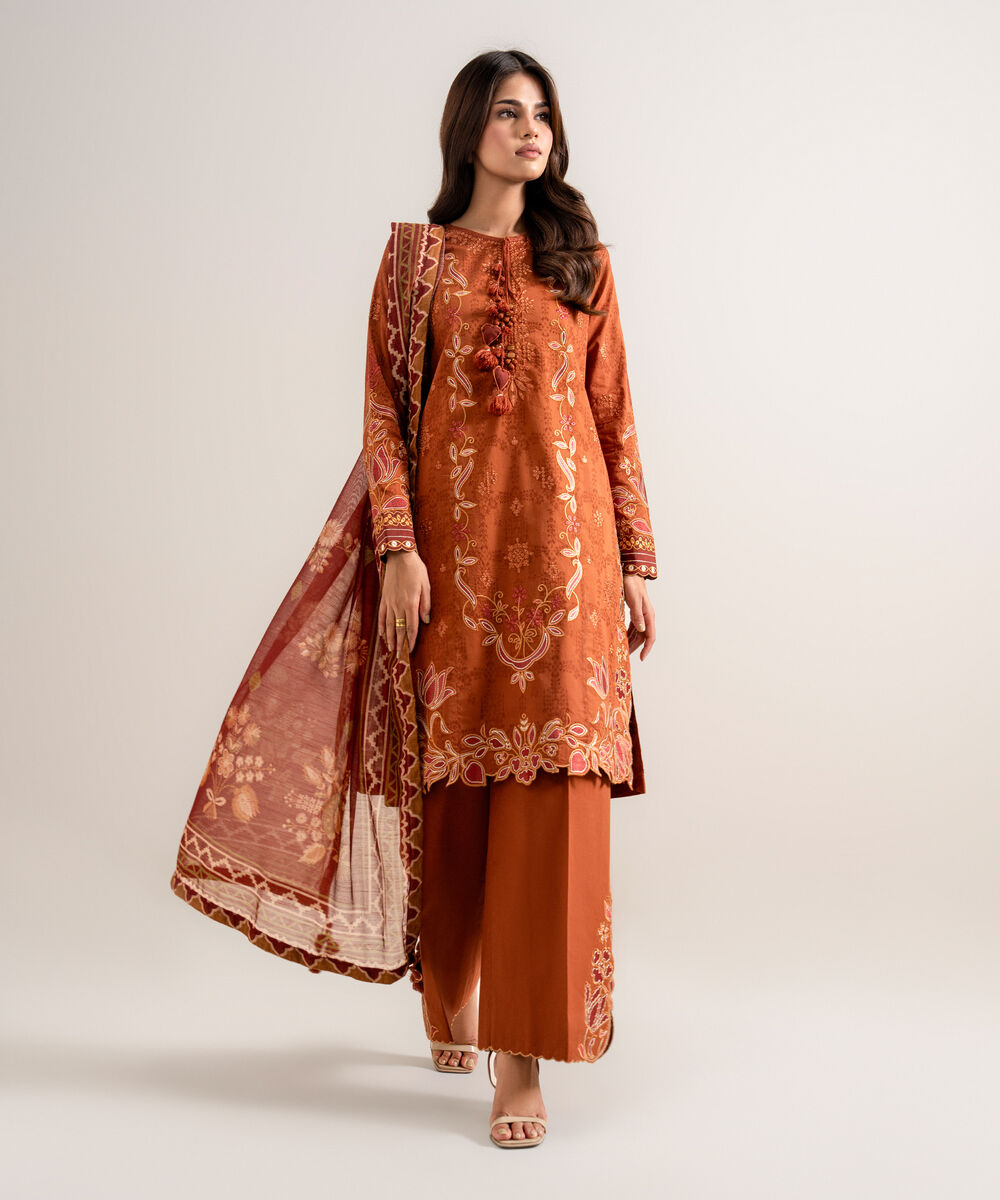 Women's Unstitched Embroidered Cotton Jacquard Rust 3 Piece Suit