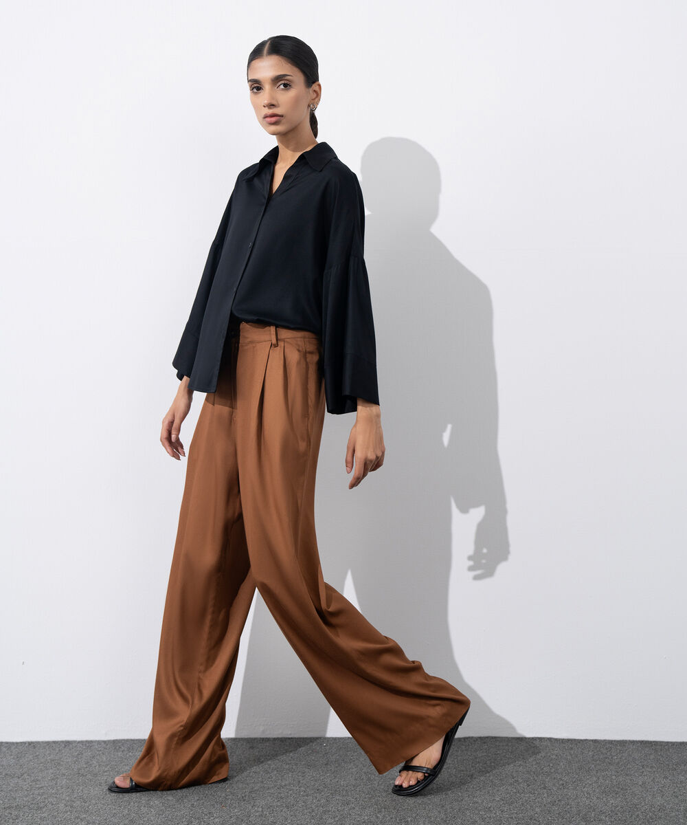 Women's Western Wear Brown Tailored Wide Leg Pleated Pants
