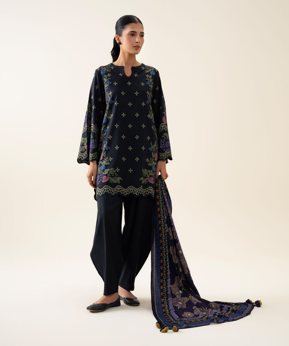 Womens Unstitched Viscose Linen Printed Dark Blue 3 Piece Suit