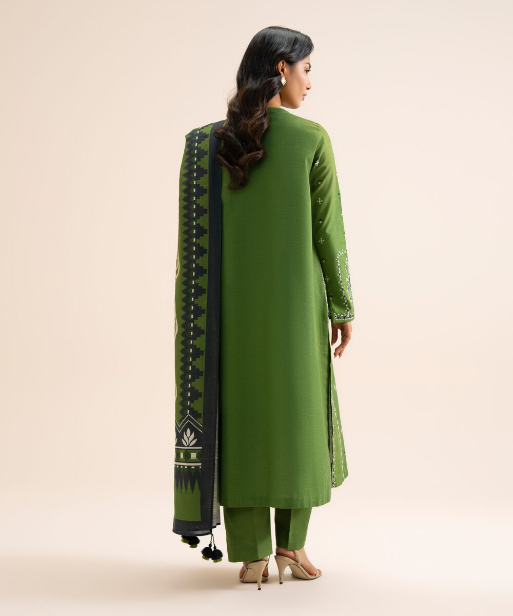 Women's Unstitched Light Khaddar Embroidered Green 3 Piece Suit