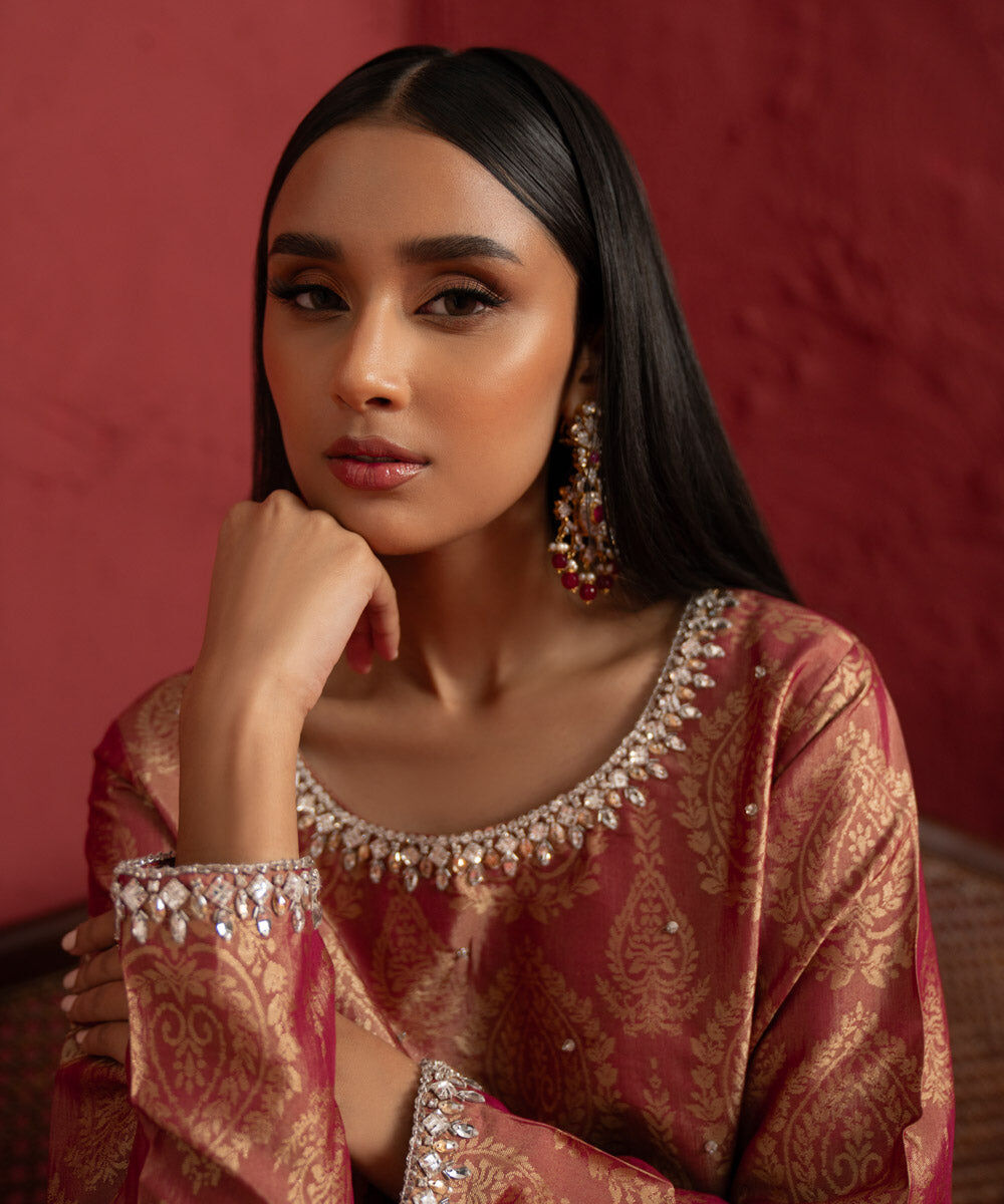 Women's Pret Blended Jacquard Dyed  Rust Brown A-Line Shirt