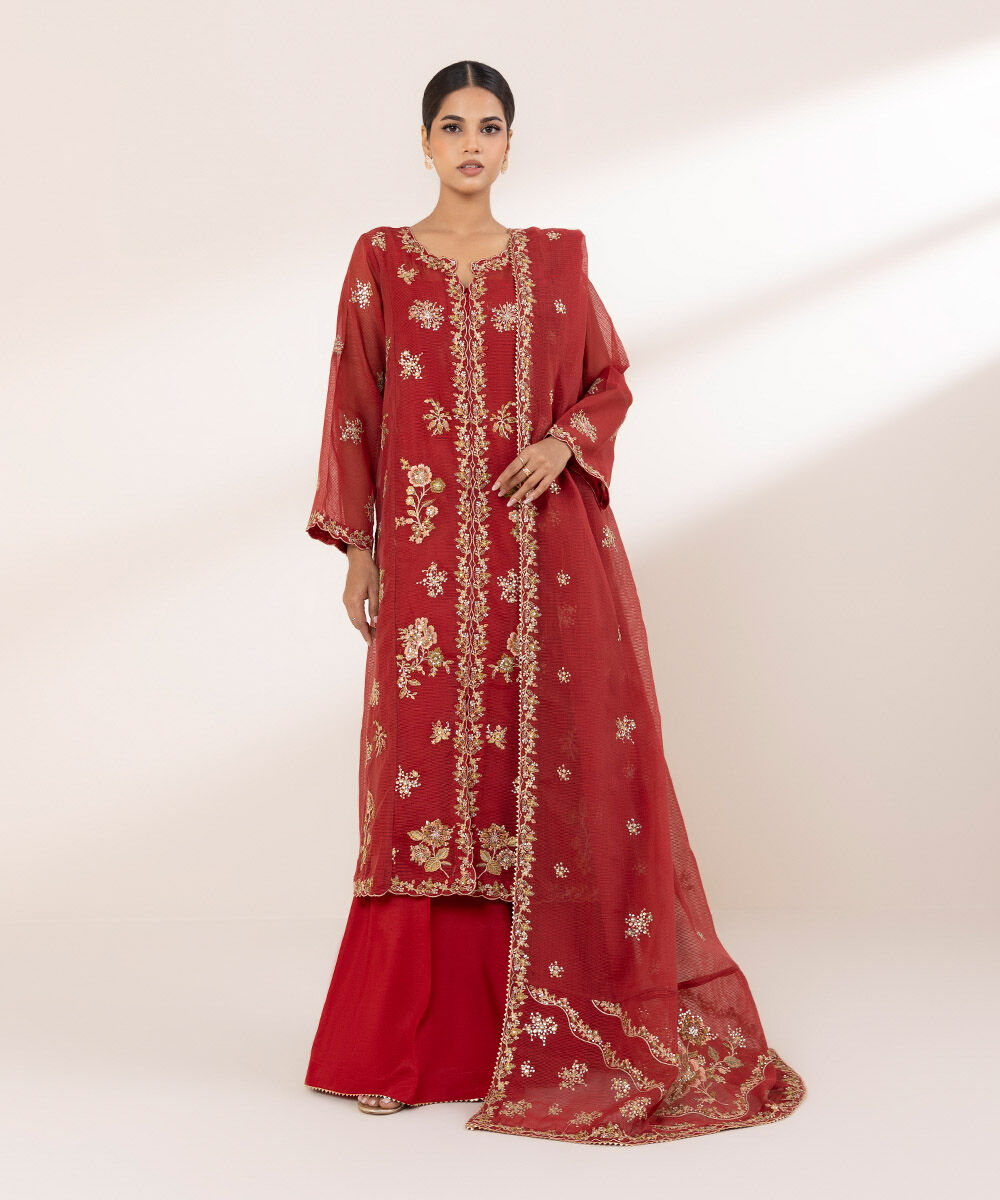 Women's RTW Blended Textured Karandi Red Embroidered Three Piece Suit