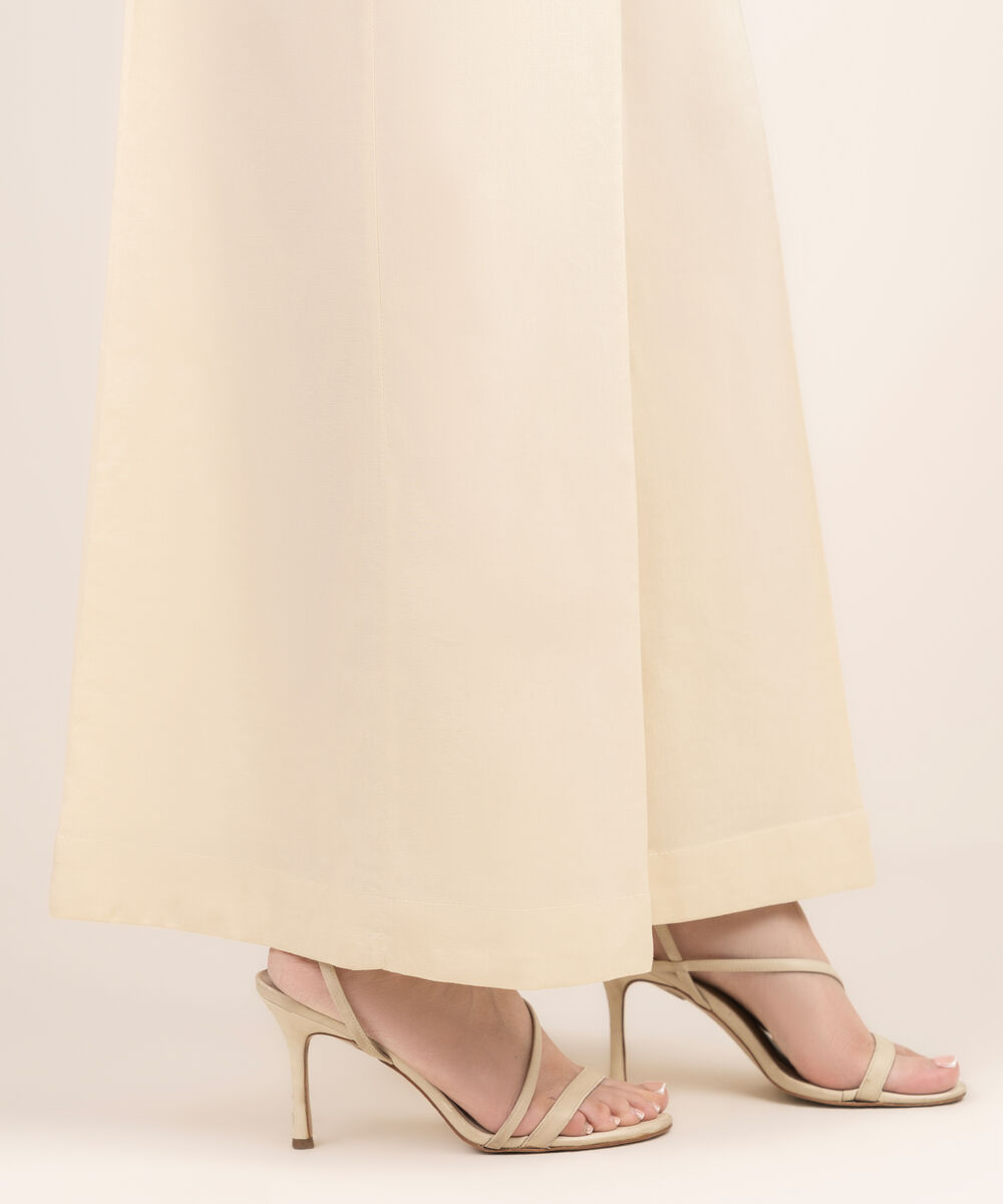 Women's RTW Cotton Viscose Solid Off White Flared Pants