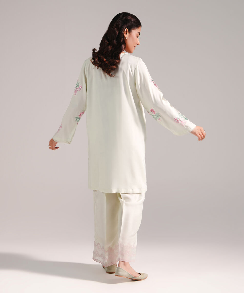 Women's RTW Viscose Raw Silk Embroidered Mint Green 2 Piece Suit