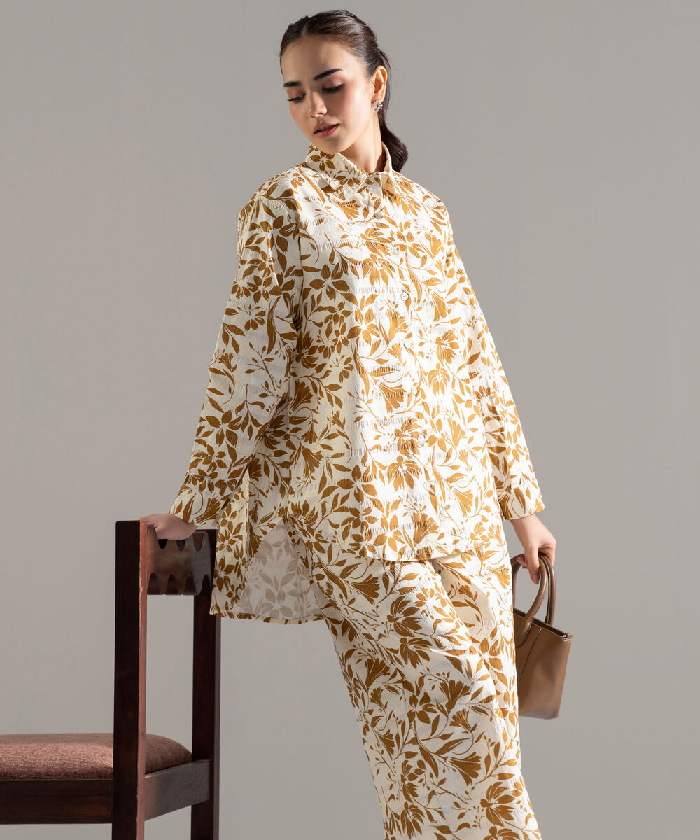 Women's RTW Seersucker Printed Cream White 2 Piece Suit
