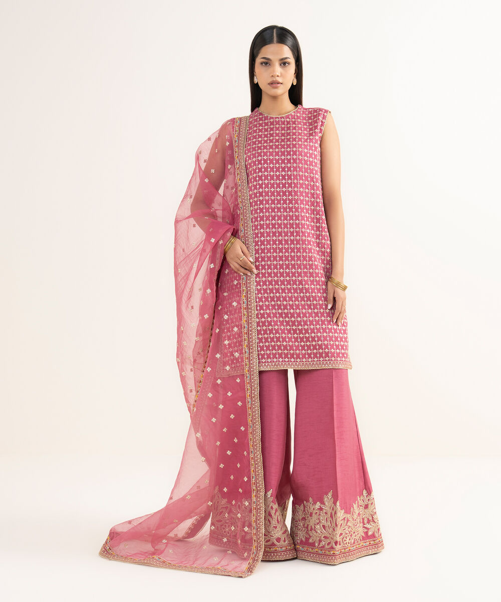 Women's RTW Raw Silk Pink Embroidered 3 Piece Suit