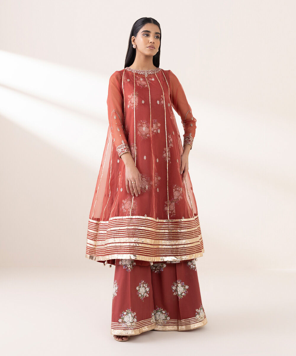 Women's Pret Blended Organza Embroidered Red Flared Shirt