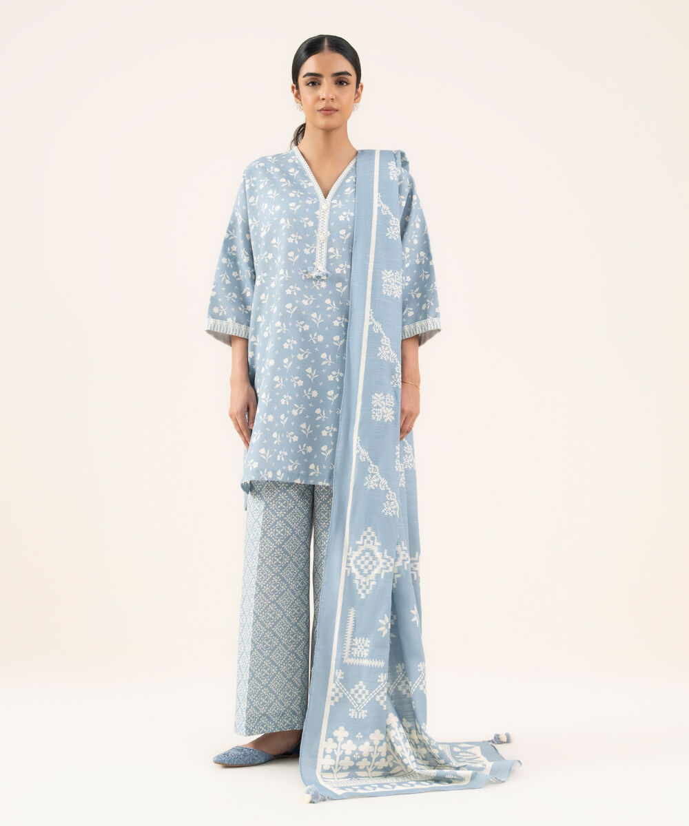 Women's Unstitched Lawn Printed Blue 3 Piece Suit