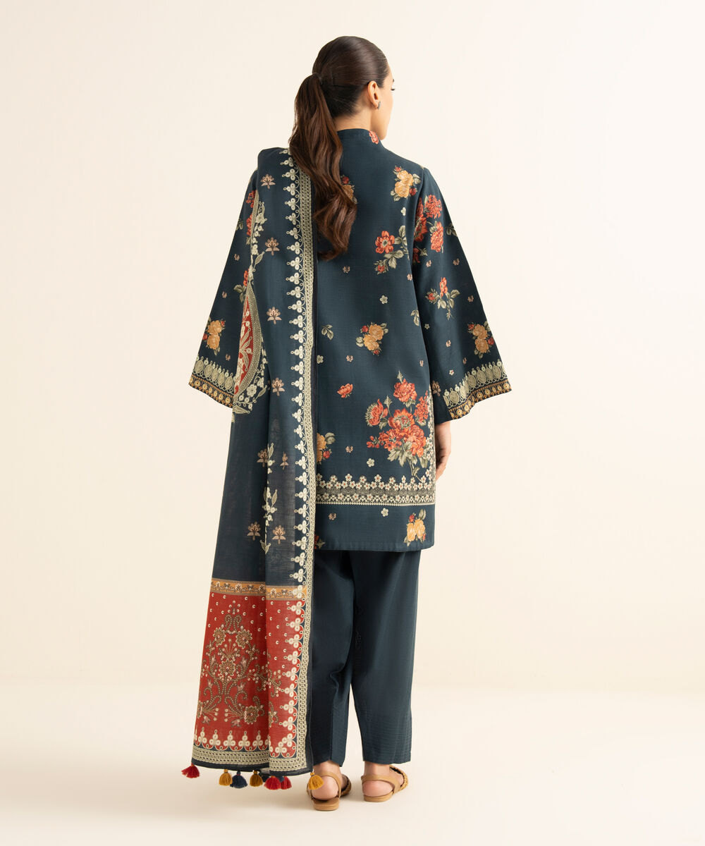 Women's Unstitched Cotton Printed Blue 3 Piece Suit