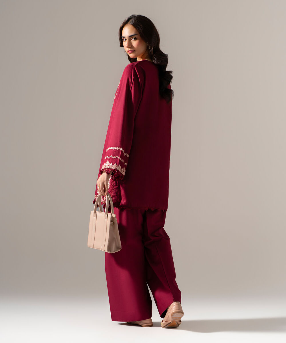 Women's RTW Dobby Solid Embroidered Maroon Straight Shirt