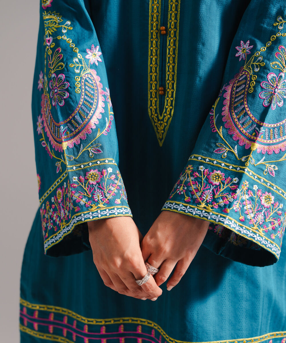 Women's RTW Dobby Embroidered Teal 2 Piece Suit