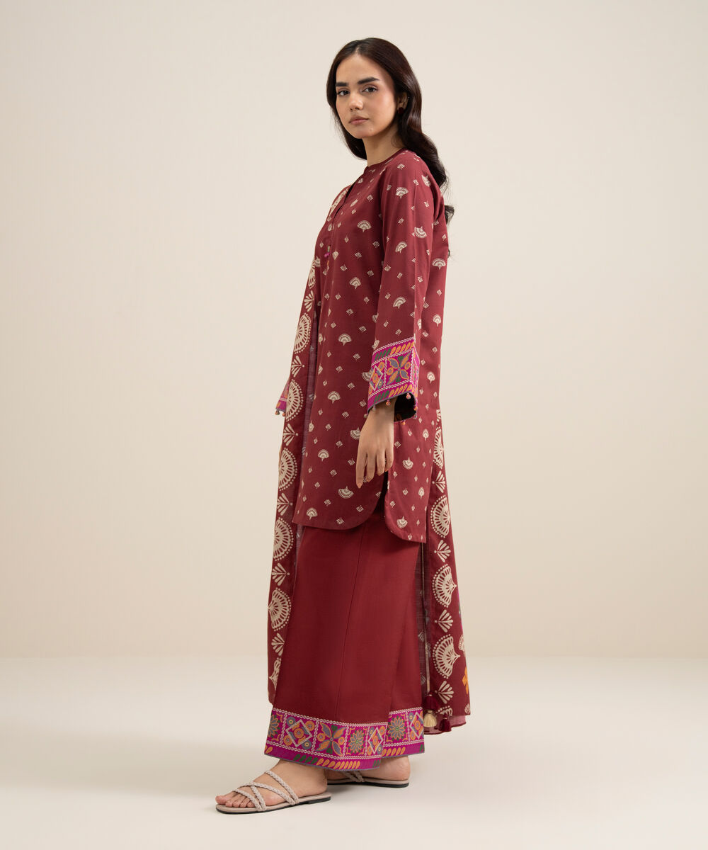 Women's Unstitched Lawn Printed Red 3 Piece Suit