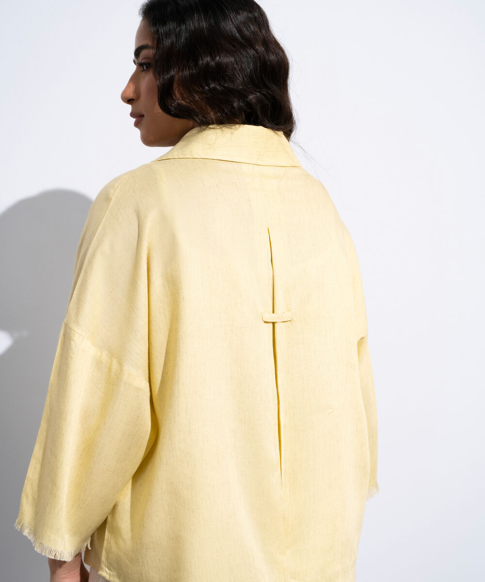 Women's Butter Yellow Linen Blend V-Neck Top