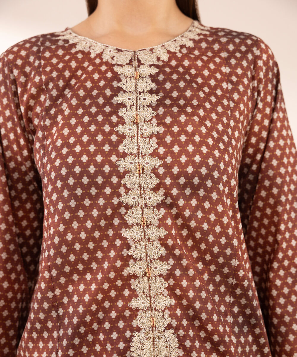 Women's RTW Lawn Brown Embroidered A-Line Shirt