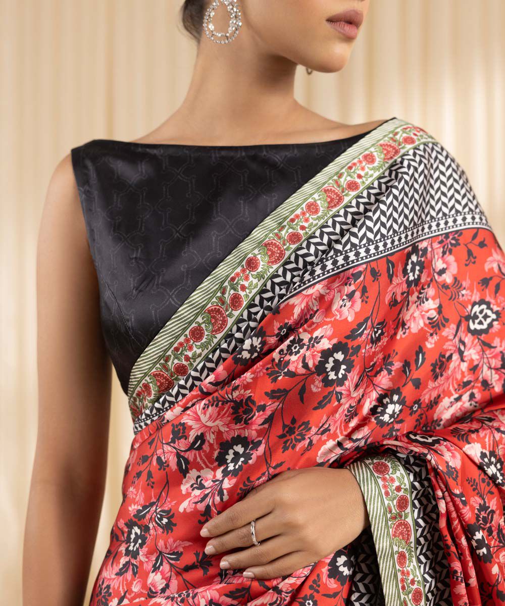 Women's Embroidered Blended Satin Red Saree