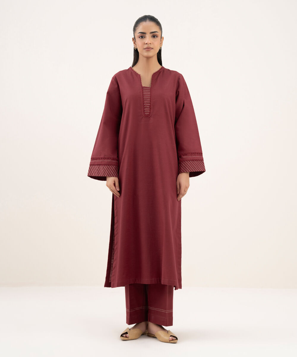 Women's RTW Light Khaddar Embroidered A-Line Maroon Shirt