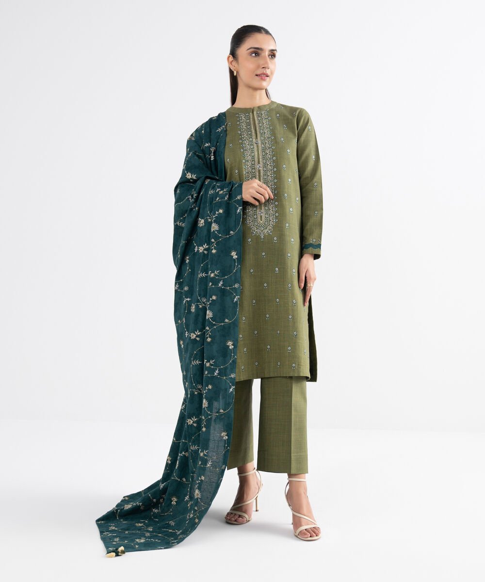 Women's Unstitched Cross Hatch Embroidered Green 3 Piece Suit