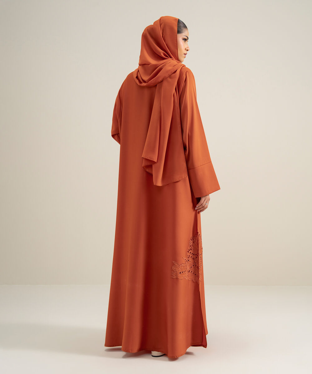 Women's Polyester Orange Embroidered Regular Abbaya Set